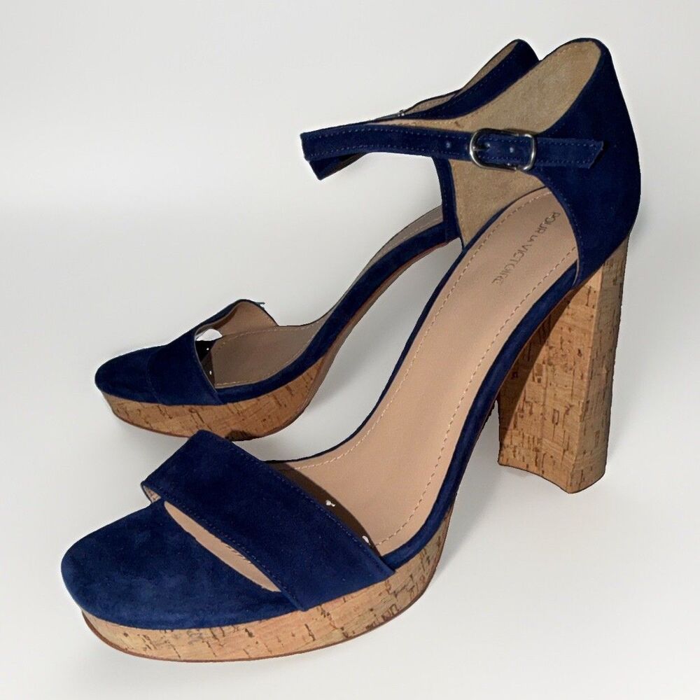 NIB Pour La Victoire Yvette Designer Navy Blue Suede Platform Heel Cork Sz 11 M